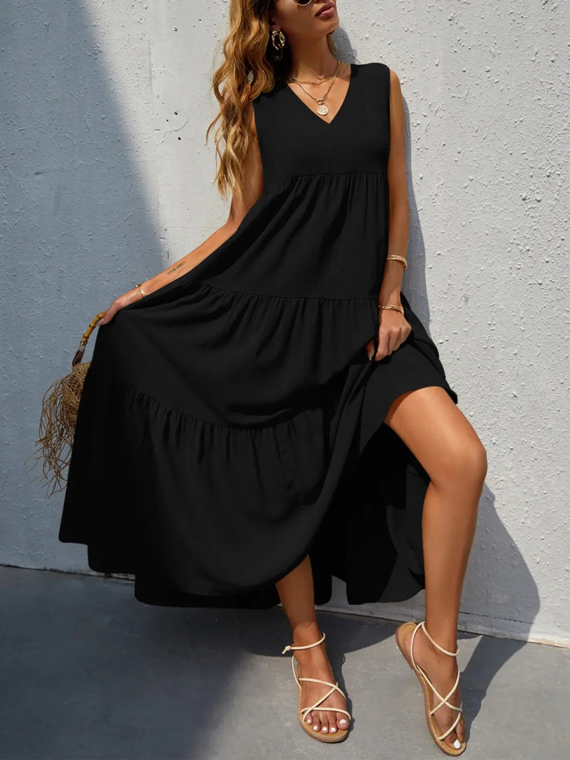 Tiered V-Neck Sleeve Dress -BazaarBey - www.shopbazaarbey.com