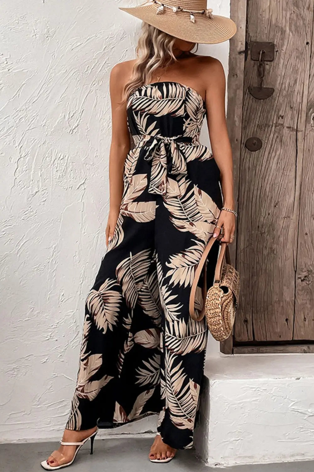 Printed Strapless Wide Leg Jumpsuit with Pockets Trendsi