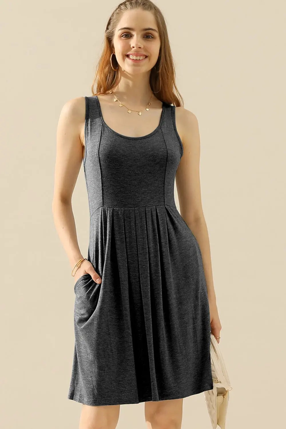  Full Size Round Neck Ruched Sleeveless Dress with Pockets -BazaarBey - www.shopbazaarbey.com