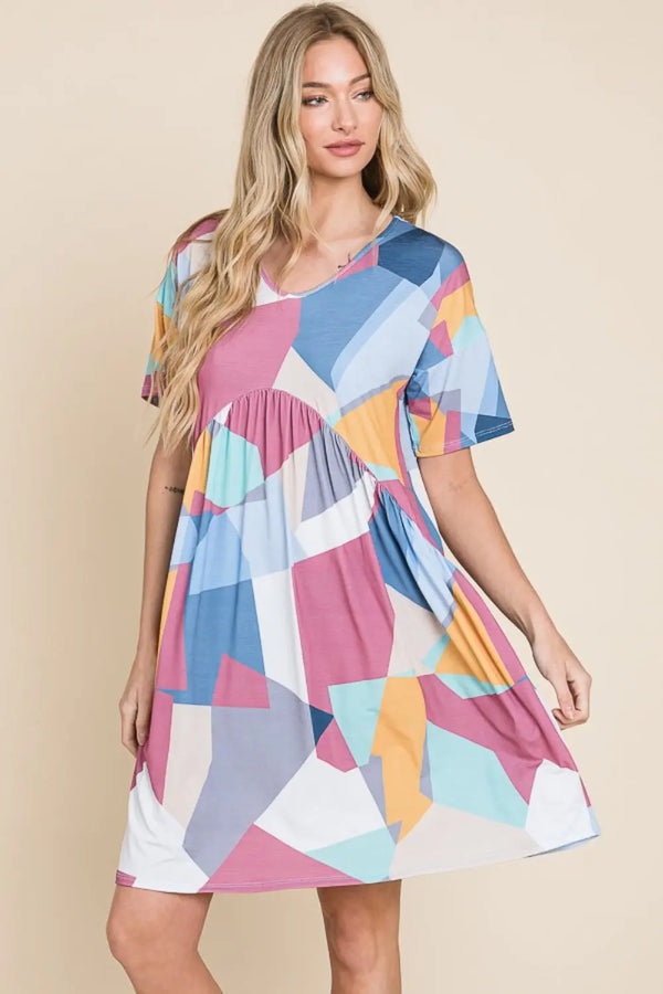  Ruched Color Block Short Sleeve Dress -BazaarBey - www.shopbazaarbey.com
