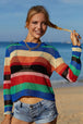 Rainbow Stripe Openwork Long Sleeve Cover-Up Trendsi