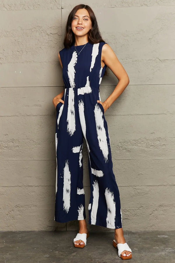 BazaarBey Printed Round Neck  Jumpsuit with Pockets 