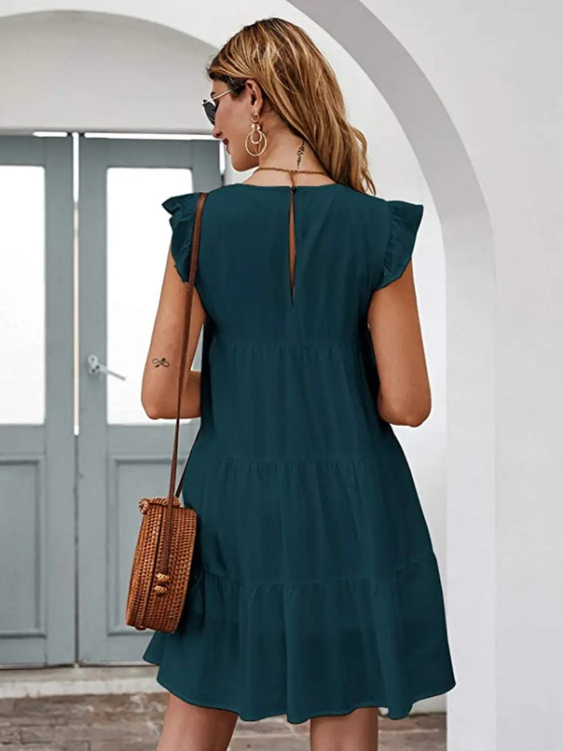 Ruffled Round Neck Cap Sleeve Mini Dress -BazaarBey - www.shopbazaarbey.com