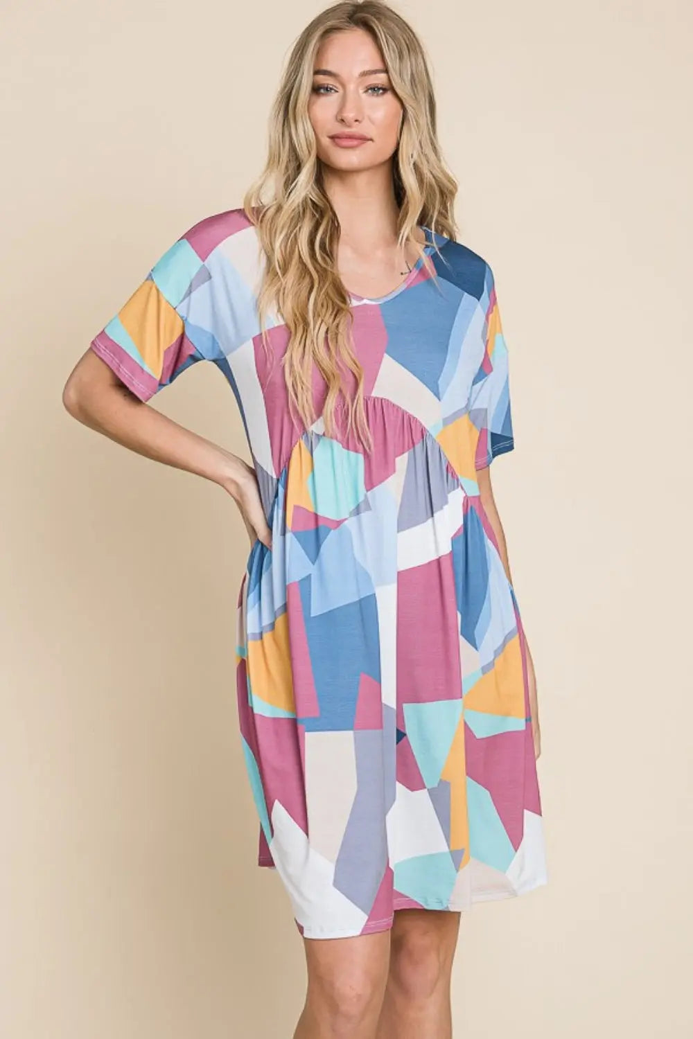  Ruched Color Block Short Sleeve Dress -BazaarBey - www.shopbazaarbey.com
