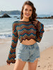 Striped Boat Neck Long Sleeve Cover Up Trendsi