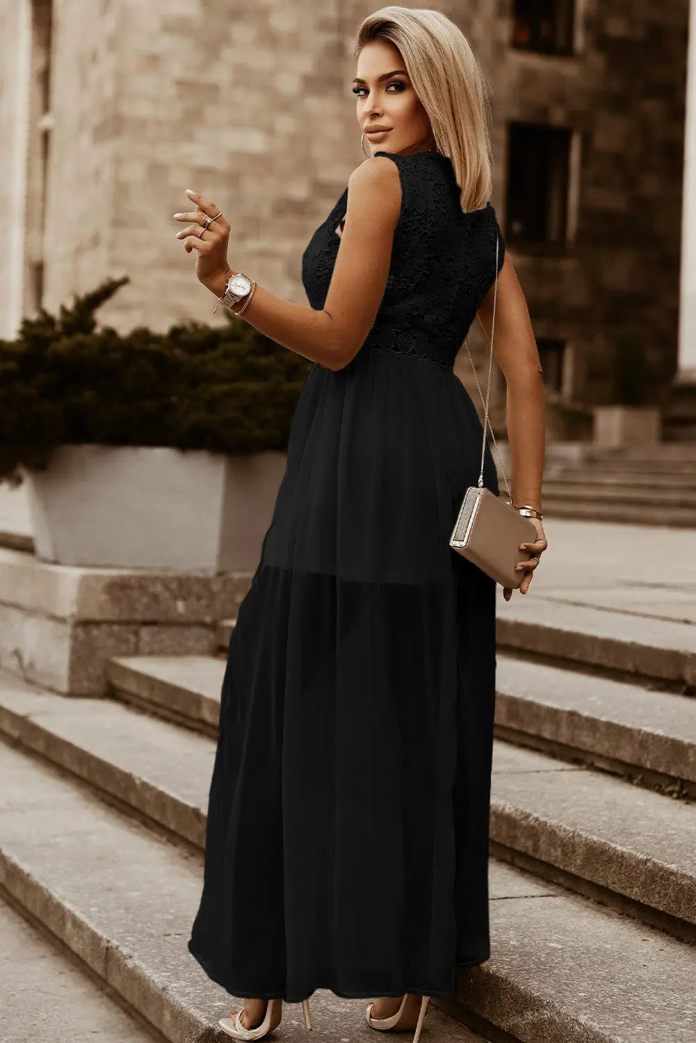 Slit Lace Detail V-Neck Dress -BazaarBey - www.shopbazaarbey.com