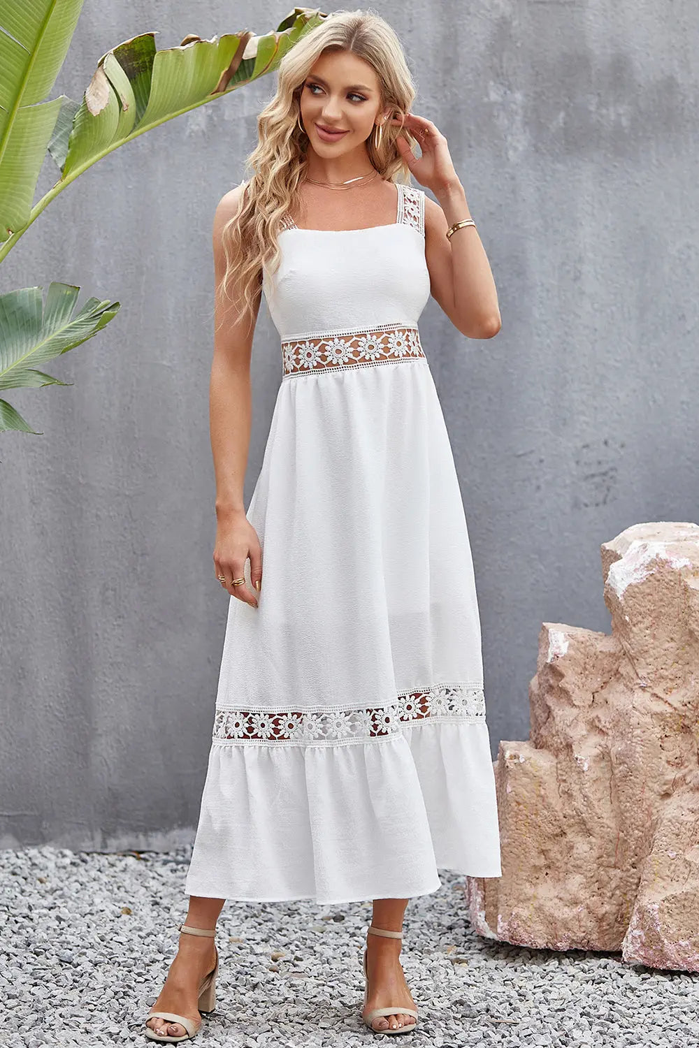 Flower Crochet Wide Strap Midi Dress -BazaarBey - www.shopbazaarbey.com