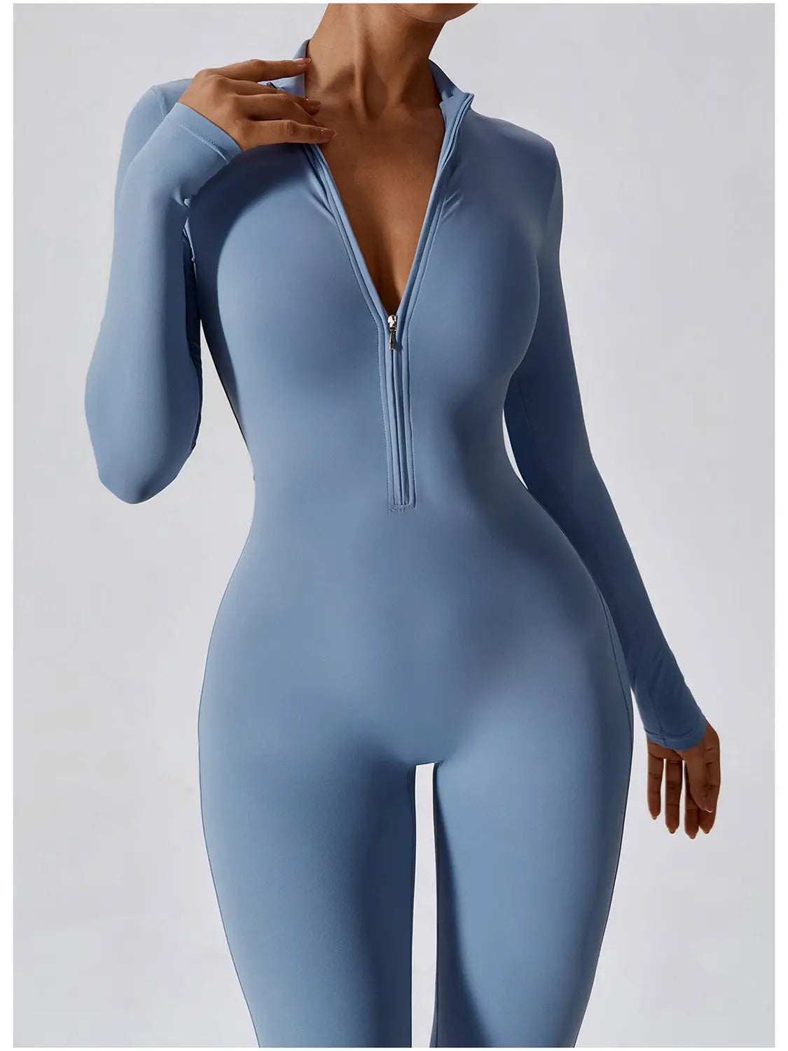 Zip Up Mock Neck Long Sleeve Jumpsuit Trendsi