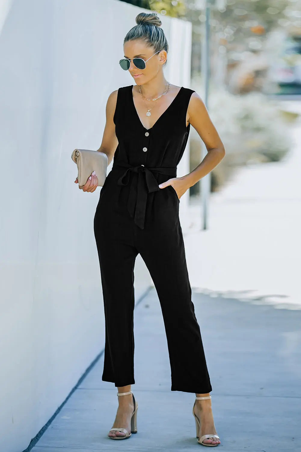 V-Neck Tie Waist Sleeveless Jumpsuit Trendsi