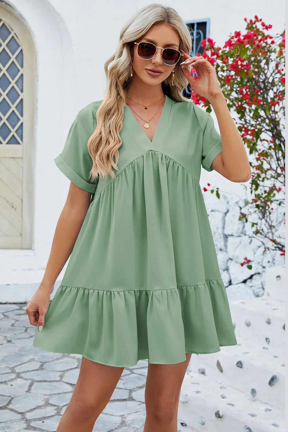 Ruched Tiered V-Neck Short Sleeve Mini Dress -BazaarBey - www.shopbazaarbey.com