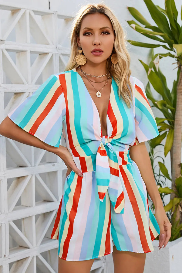 BazaarBey Striped Tie Front Romper 