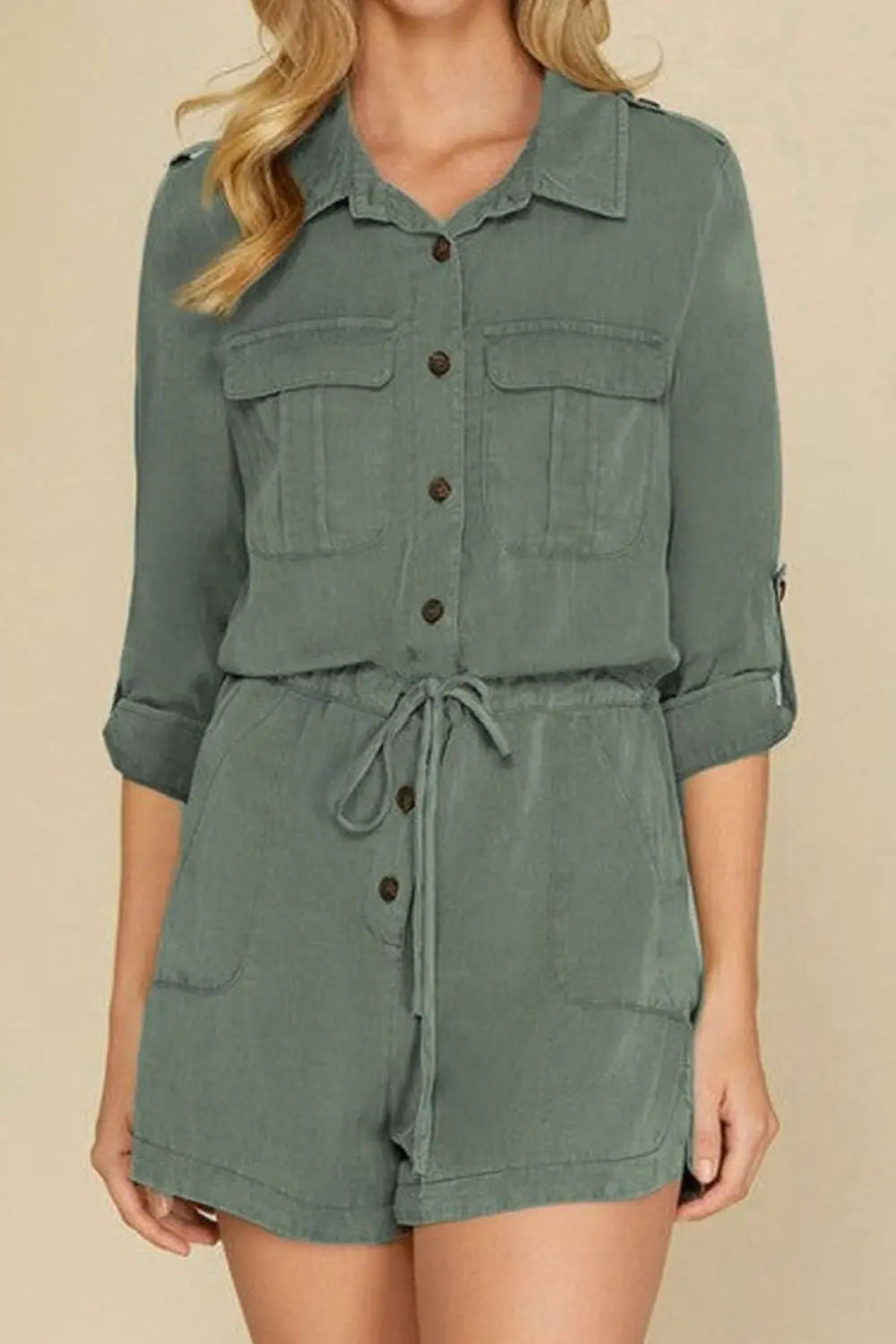 Collared Neck Drawstring Roll-Tab Sleeve Romper Trendsi