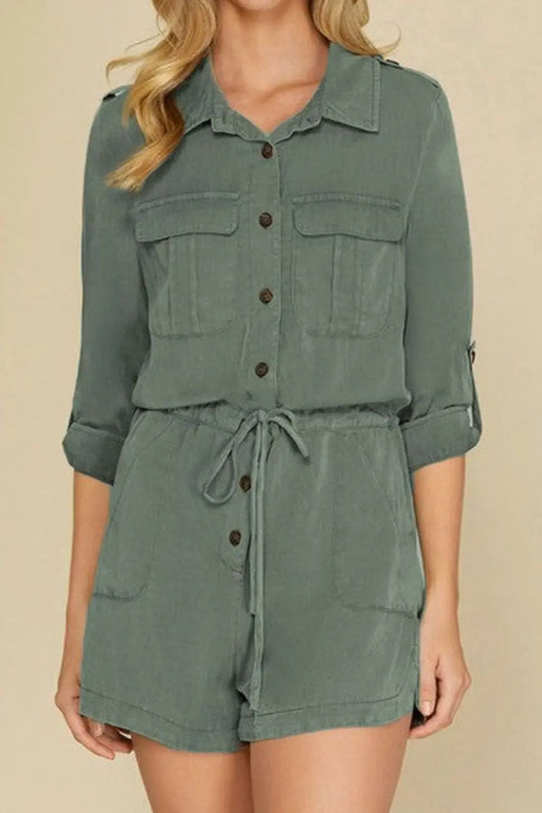 Collared Neck Drawstring Roll-Tab Sleeve Romper Trendsi