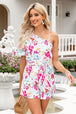 Floral Asymmetrical Neck Tie Waist Romper Trendsi