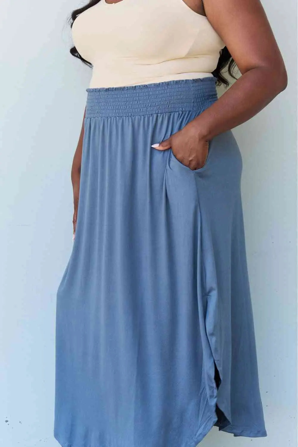  Comfort Princess Full Size High Waist Scoop Hem Maxi Skirt in Dusty Blue 