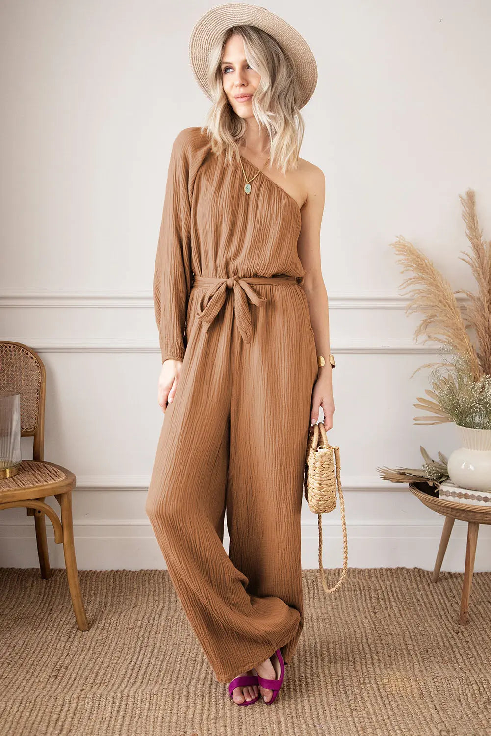 BazaarBey Texture Single Shoulder Tie-Waist Jumpsuit 