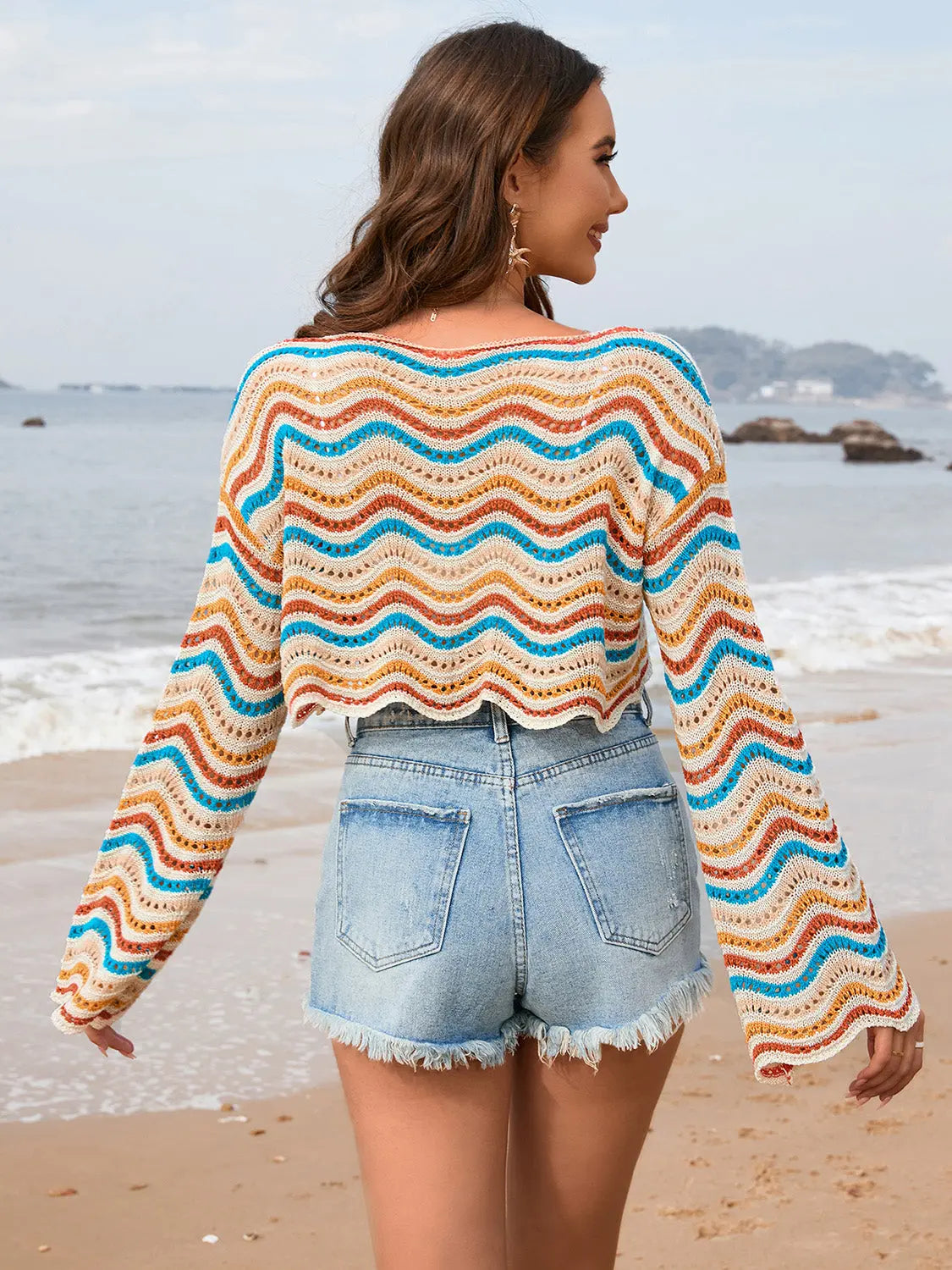 Striped Boat Neck Long Sleeve Cover Up Trendsi