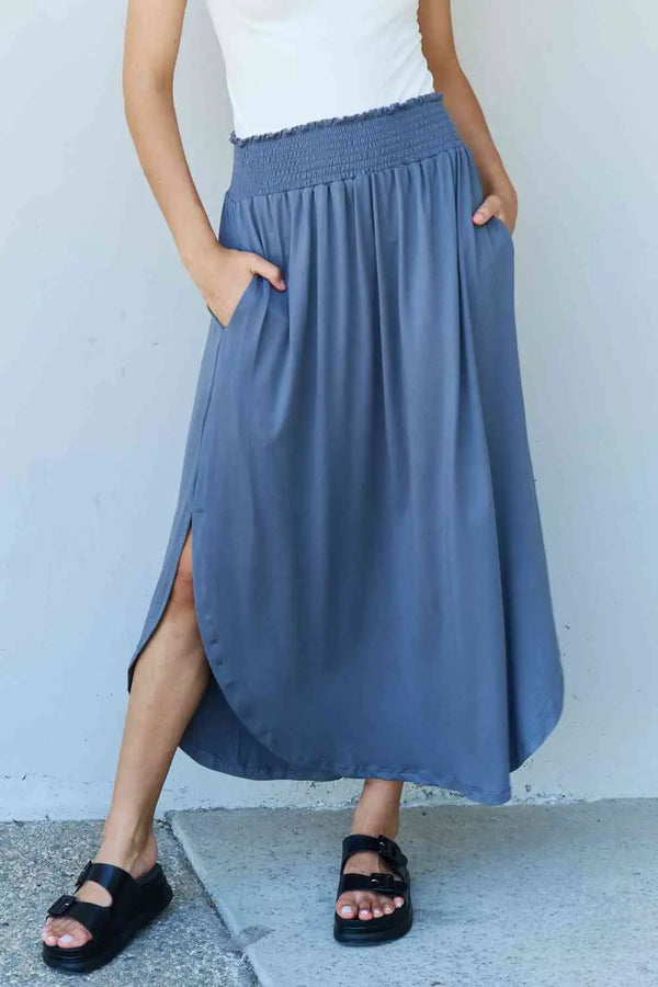  Comfort Princess Full Size High Waist Scoop Hem Maxi Skirt in Dusty Blue 
