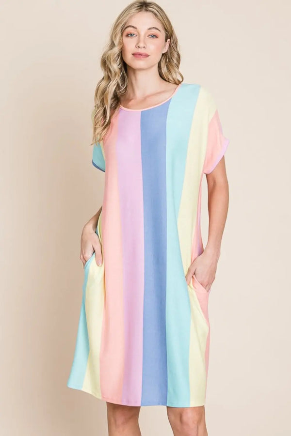  Striped Short Sleeve Dress with Pockets -BazaarBey - www.shopbazaarbey.com