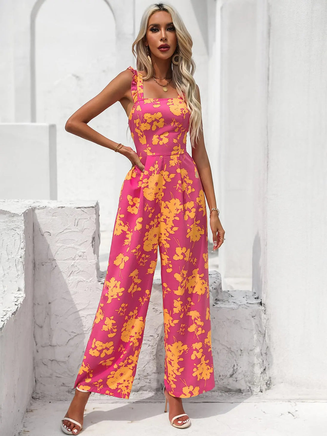 Floral Square Neck  Tie Back Jumpsuit Trendsi