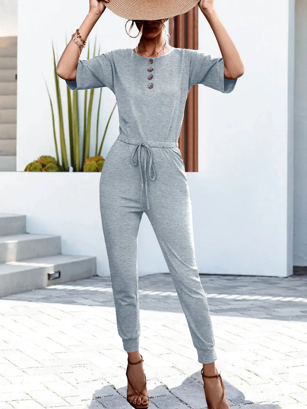 BazaarBey Buttoned Half Sleeve Round Neck Jumpsuit 