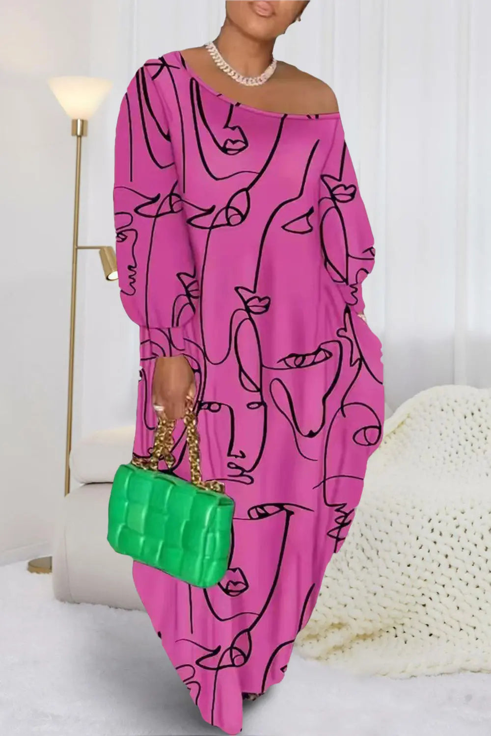 Printed Single Shoulder Lantern Sleeve Maxi Dress -BazaarBey - www.shopbazaarbey.com