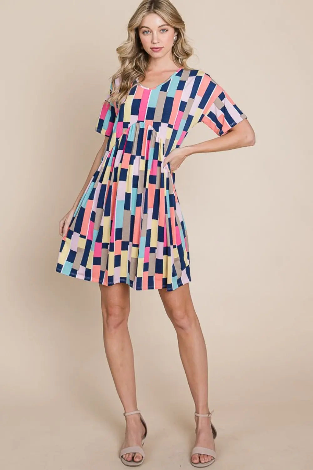  Ruched Color Block Short Sleeve Mini Dress -BazaarBey - www.shopbazaarbey.com