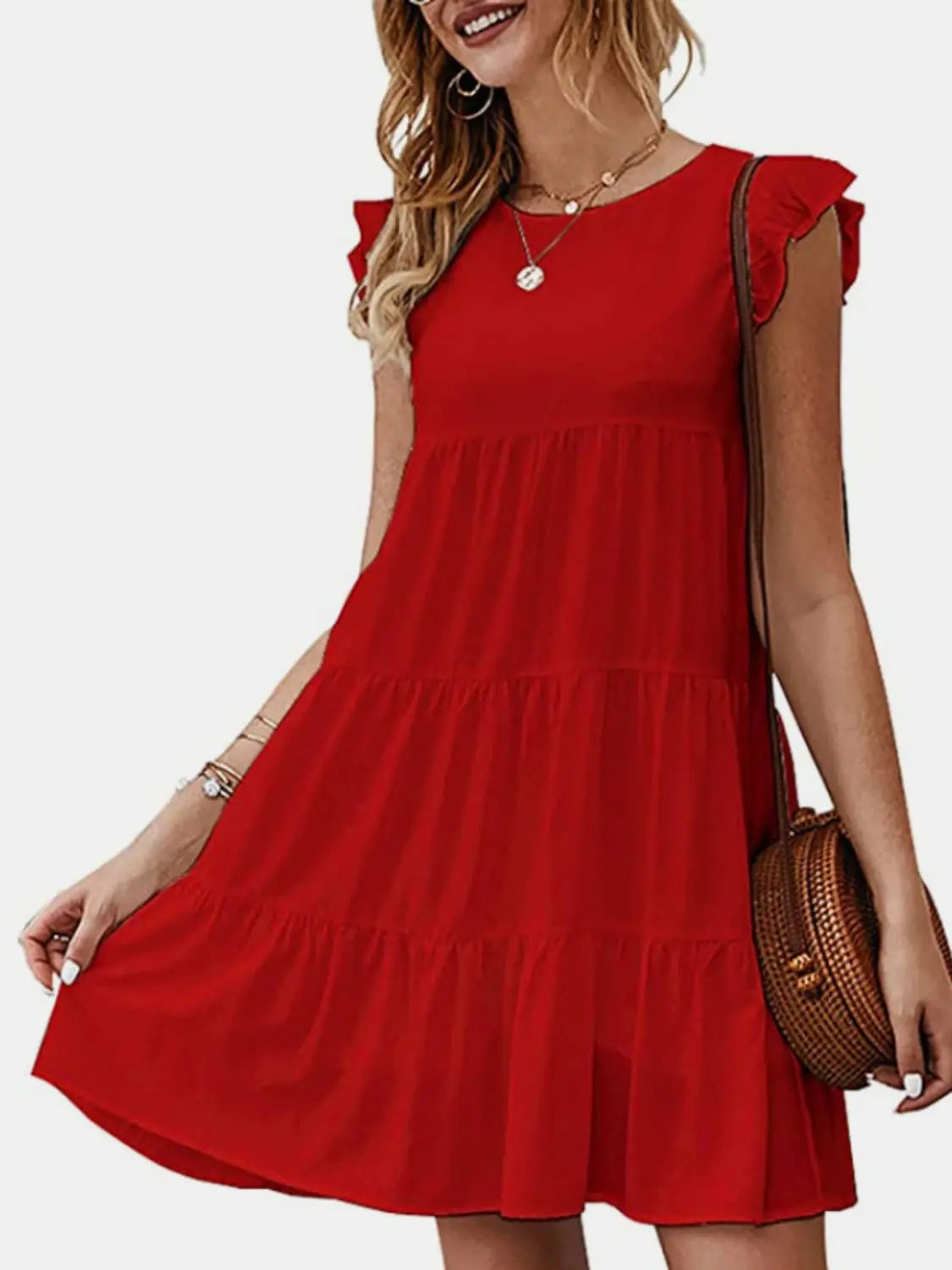 Ruffled Round Neck Cap Sleeve Mini Dress -BazaarBey - www.shopbazaarbey.com