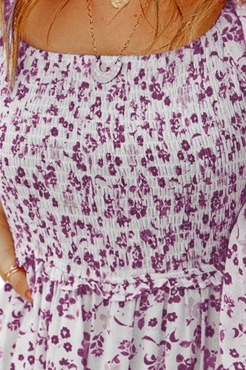 Smocked Floral Square Neck Balloon Sleeve Dress -BazaarBey - www.shopbazaarbey.com
