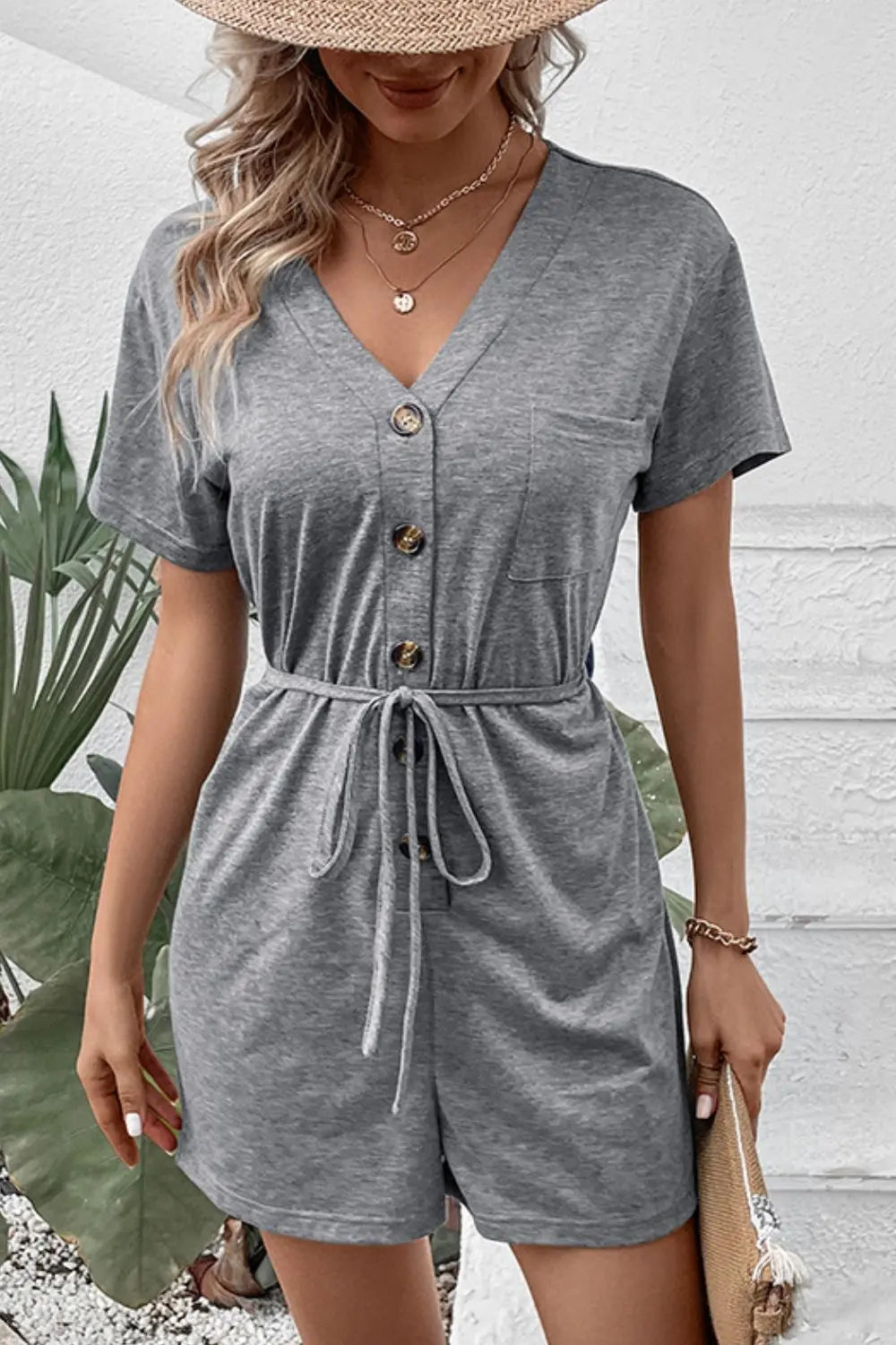 V-Neck Short Sleeve Tied Romper Trendsi