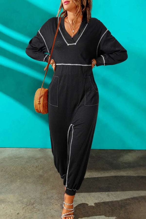 BazaarBey Contrast Stitching Pocketed Dropped Shoulder Jumpsuit 