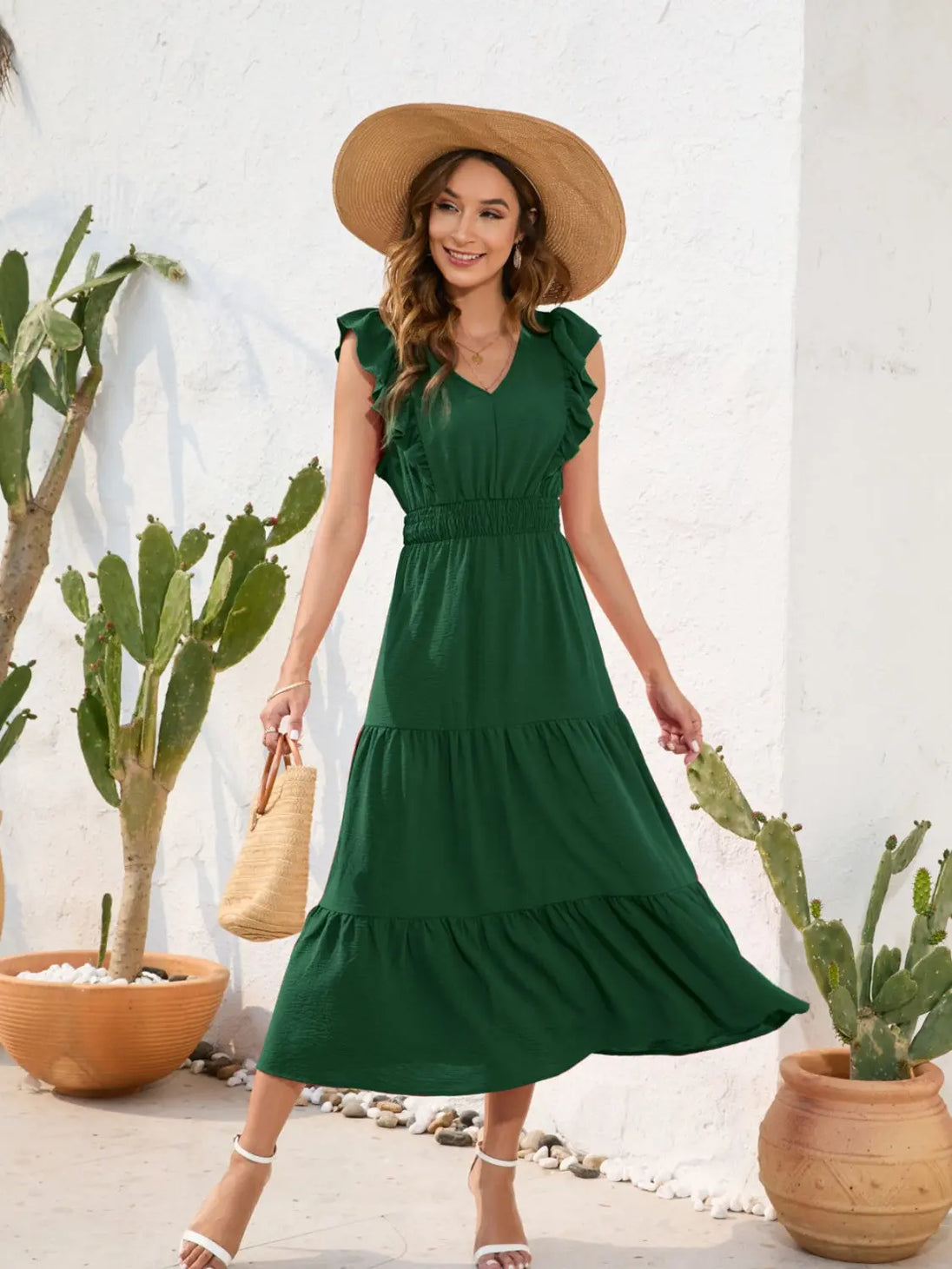 Tiered Ruffled V-Neck Cap Sleeve Dress -BazaarBey - www.shopbazaarbey.com