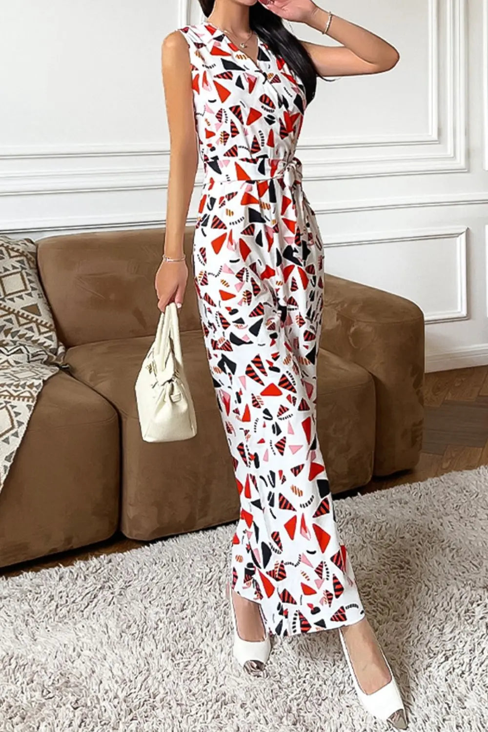 Printed Surplice Neck Sleeveless Jumpsuit Trendsi