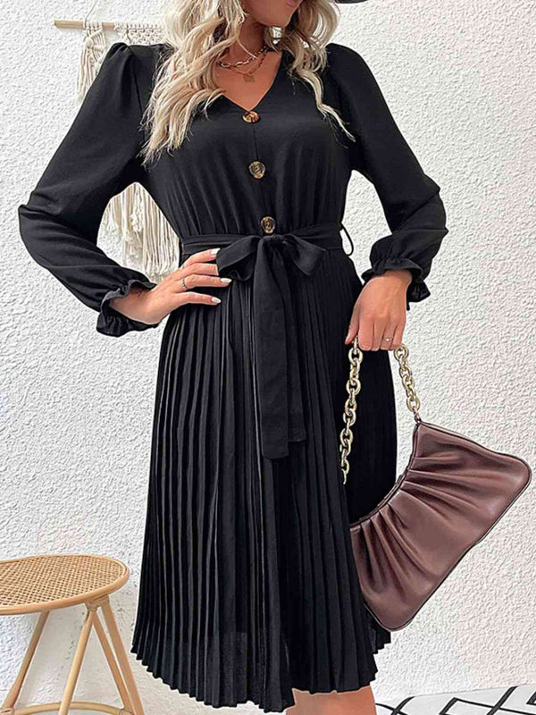 Decorative Button Belted Puff Sleeve Pleated Dress -BazaarBey - www.shopbazaarbey.com