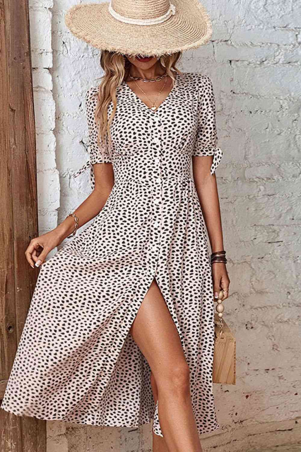 Animal Print Button Front V-Neck Tied Dress -BazaarBey - www.shopbazaarbey.com