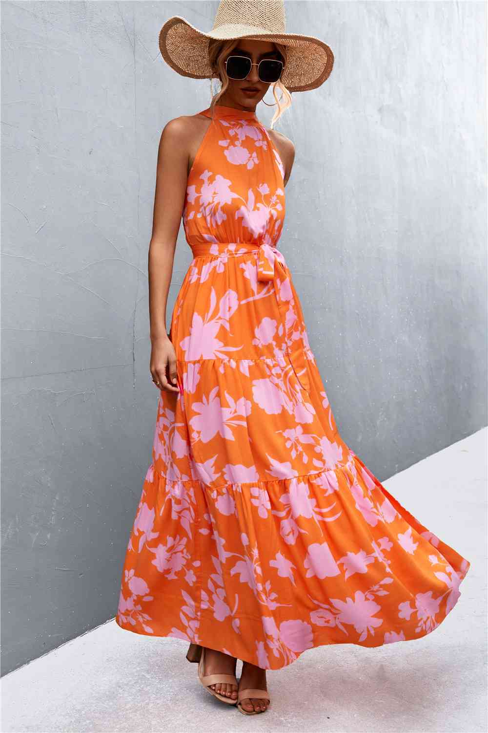 Printed Sleeveless Tie Waist Maxi Dress Bazaarbey