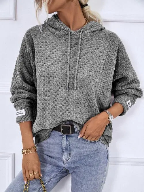 Texture Drawstring Long Sleeve Hooded Sweater Bazaarbey