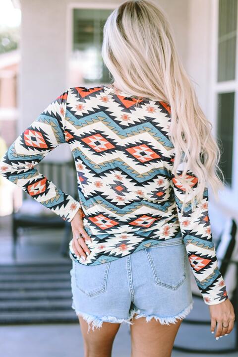 Printed Notched Neck Long Sleeve Top Trendsi