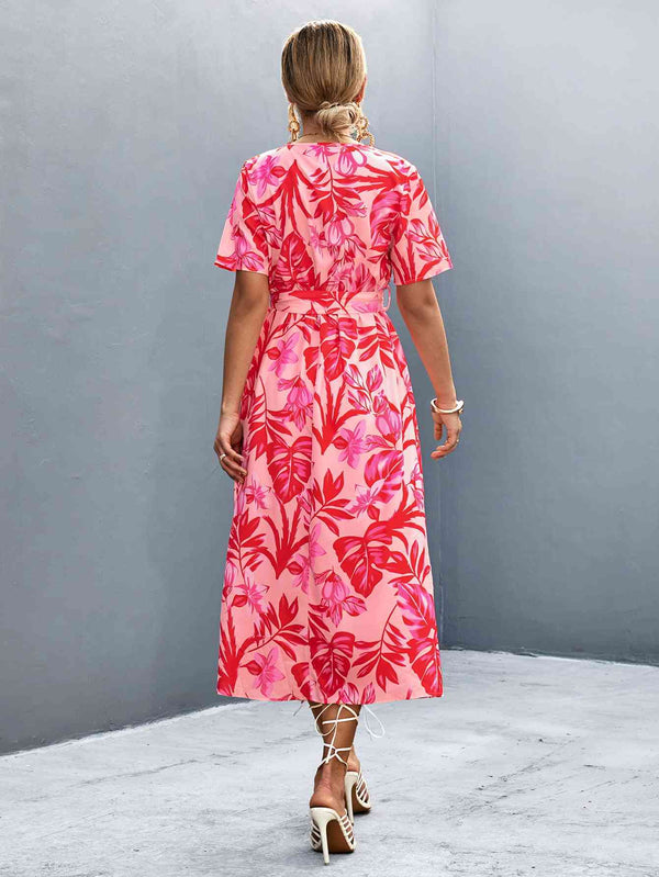 Floral Print High Slit  Neck Tie Waist Midi Dress -BazaarBey - www.shopbazaarbey.com