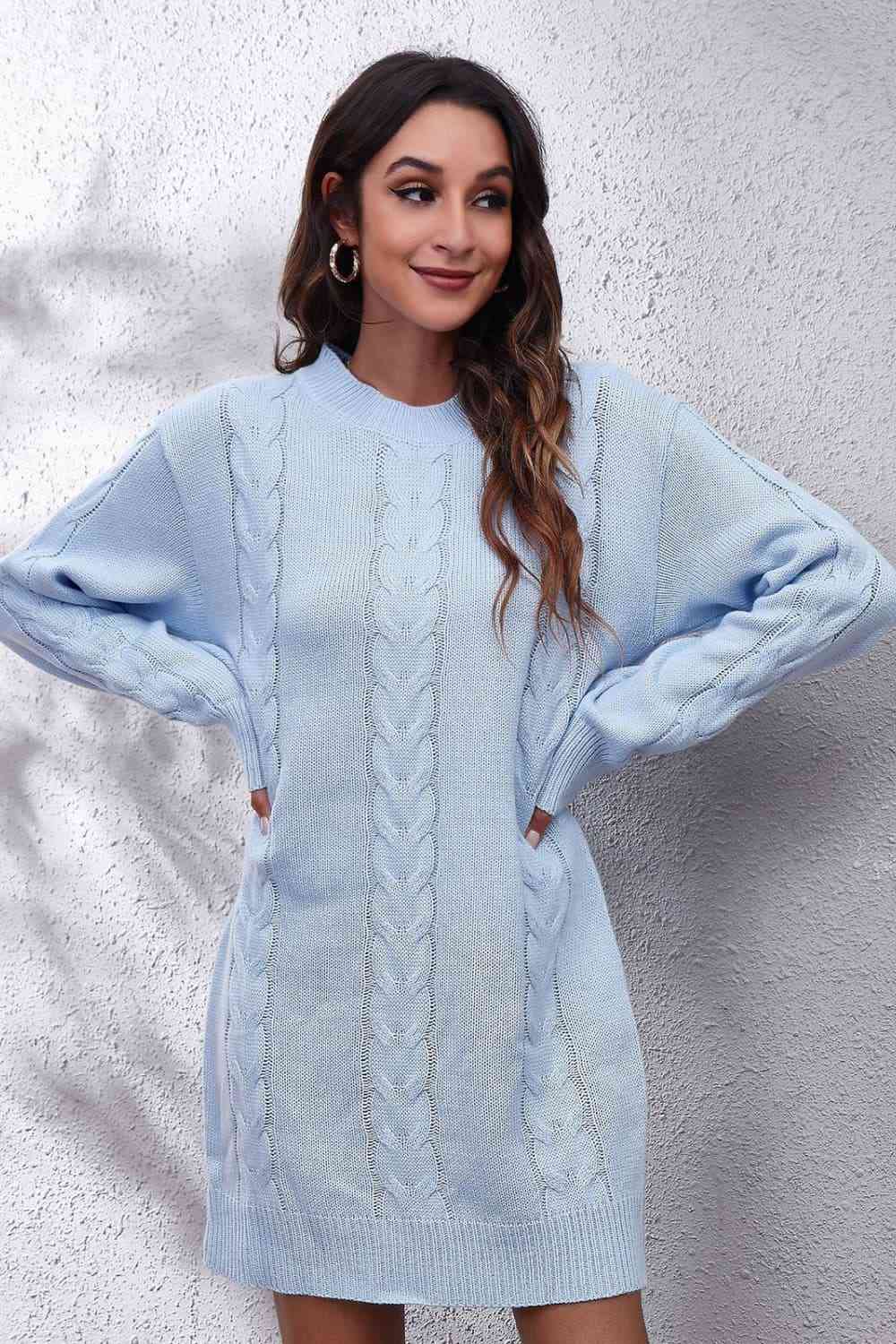 Cable-Knit Round Neck Sweater Dress Bazaarbey