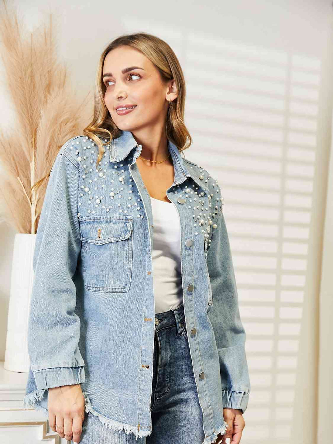 Collared Neck Raw Hem Dropped Shoulder Denim Jacket Bazaarbey