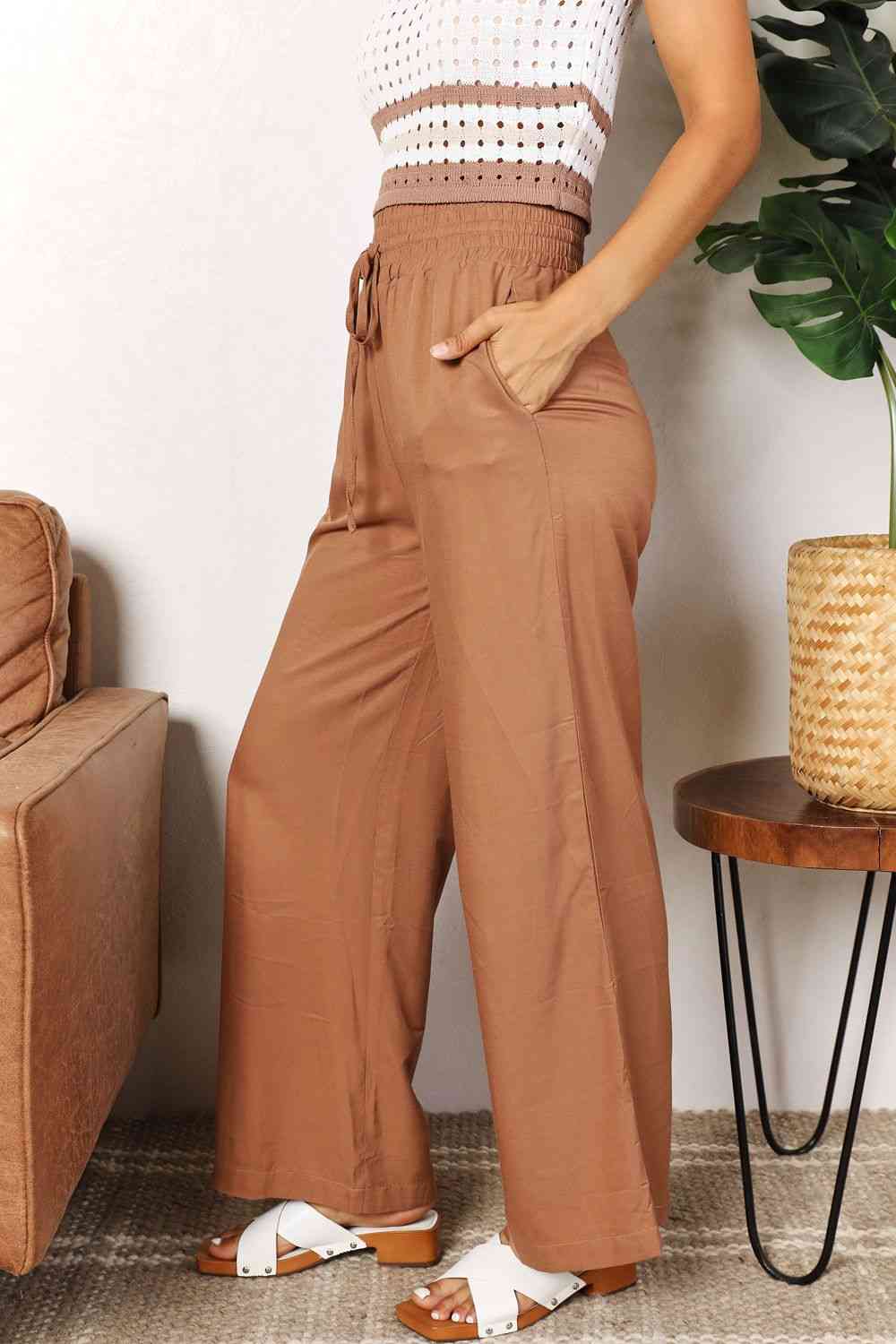  Drawstring Smocked Waist Wide Leg Pants Bazaarbey