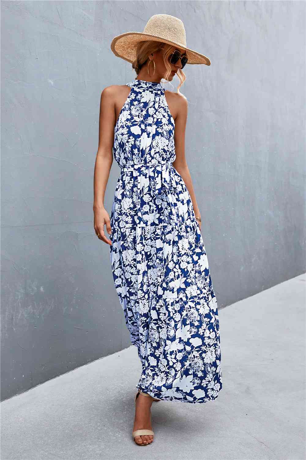 Printed Sleeveless Tie Waist Maxi Dress Bazaarbey