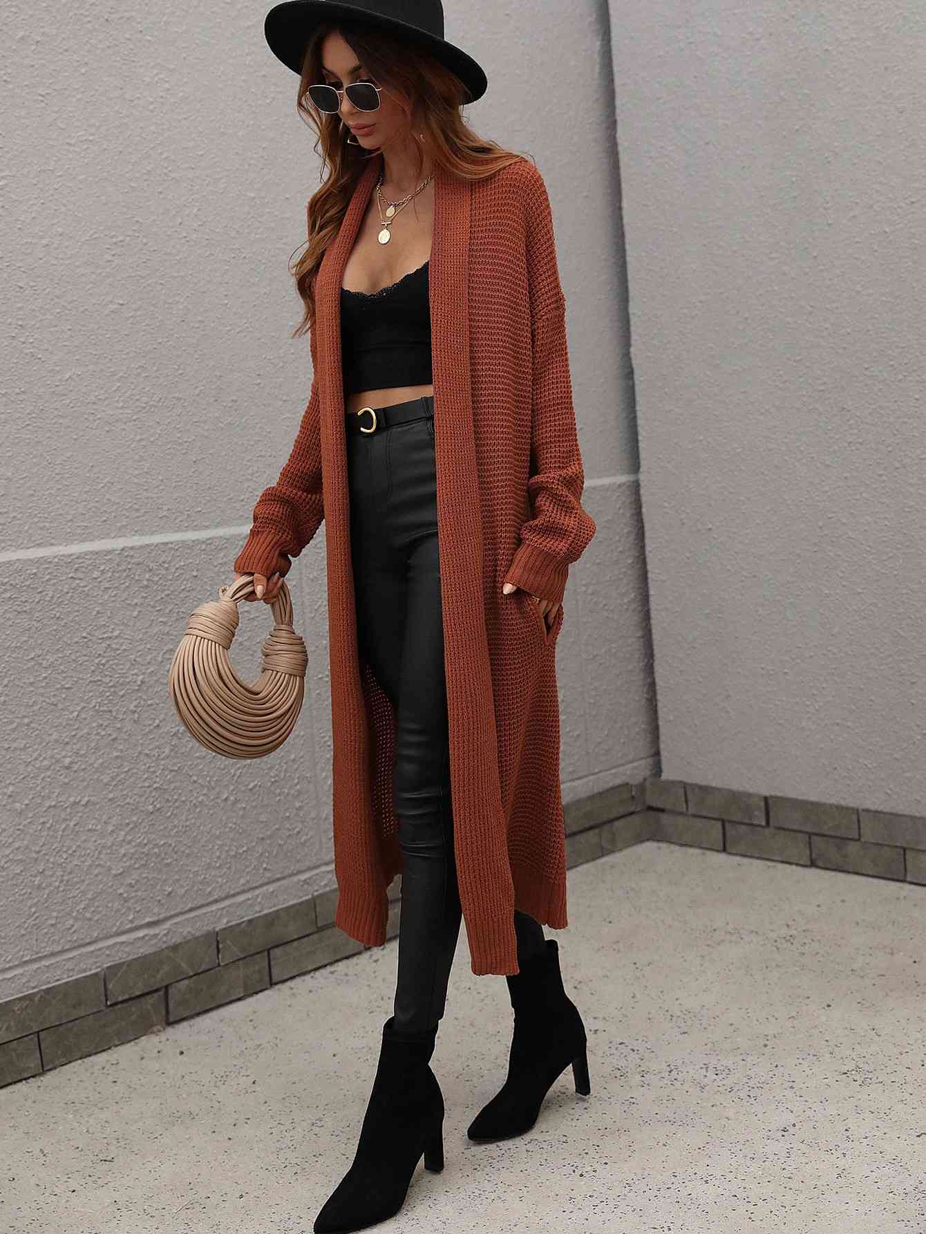  Waffle Knit  Duster Cardigan With Pockets Trendsi