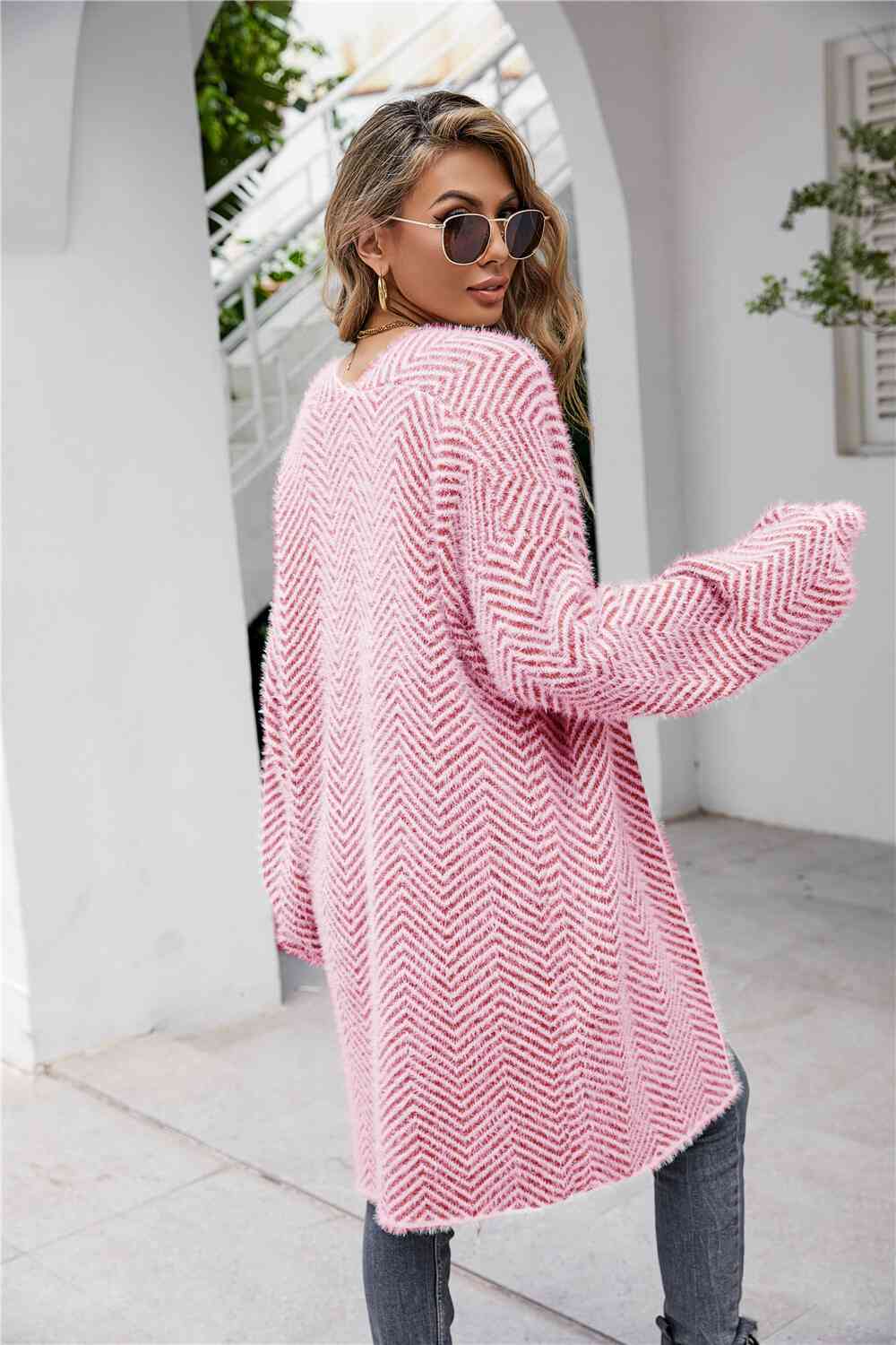 Herringbone Pattern Open Front Longline Fuzzy Cardigan Trendsi