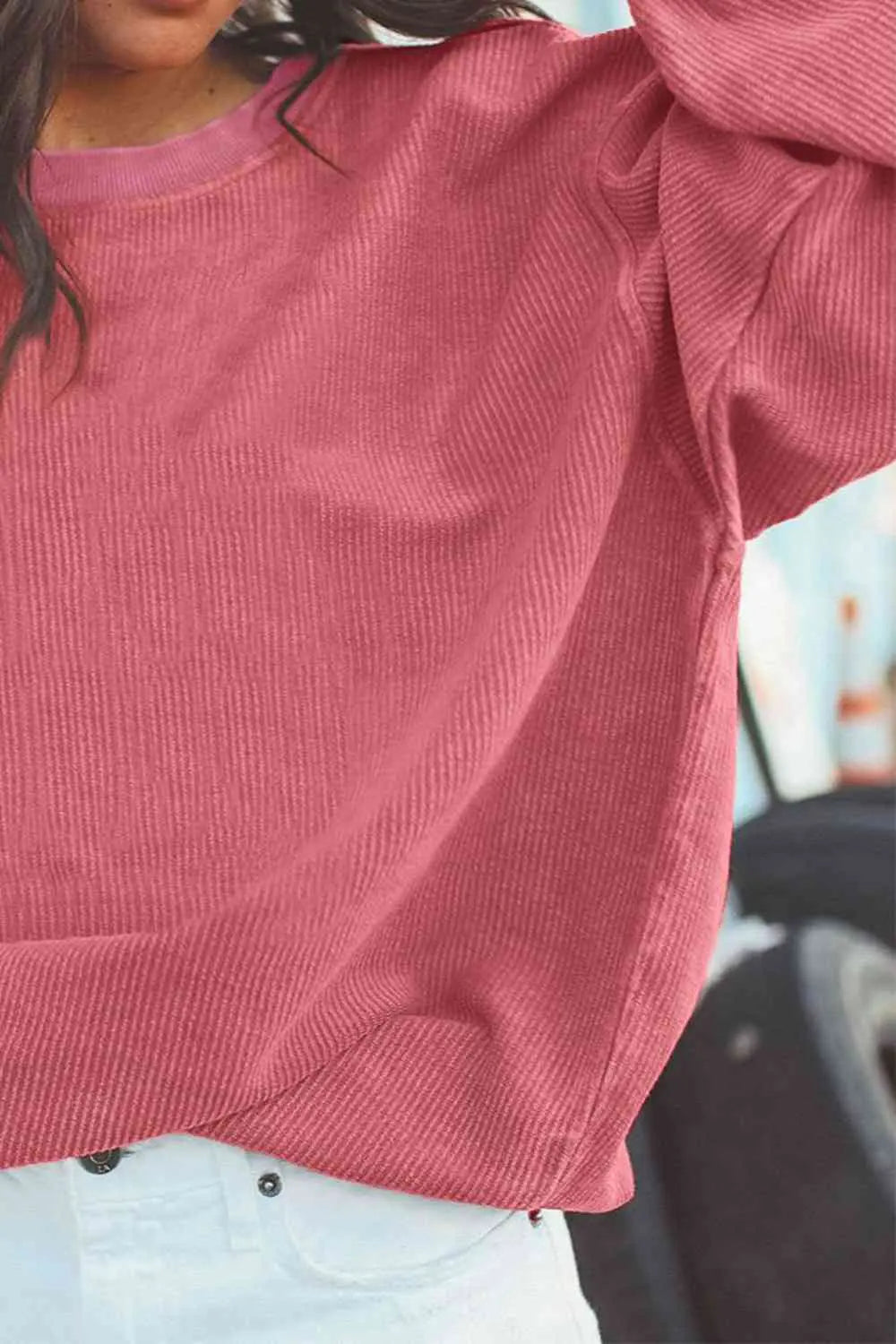 Ribbed Round Neck Drop Shoulder Sweatshirt Bazaarbey
