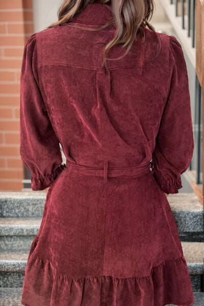 Tied Button Up Ruffle Hem Dress -BazaarBey - www.shopbazaarbey.com