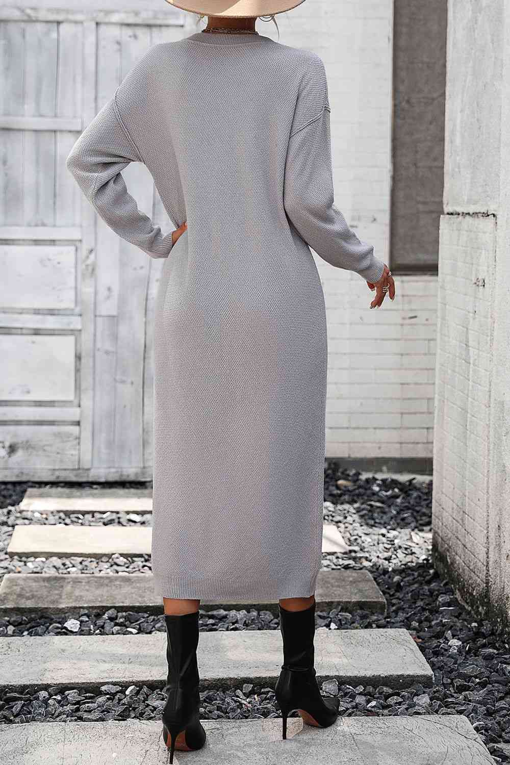 Notched Neck Dropped Shoulder Button-Down Midi Dress Bazaarbey
