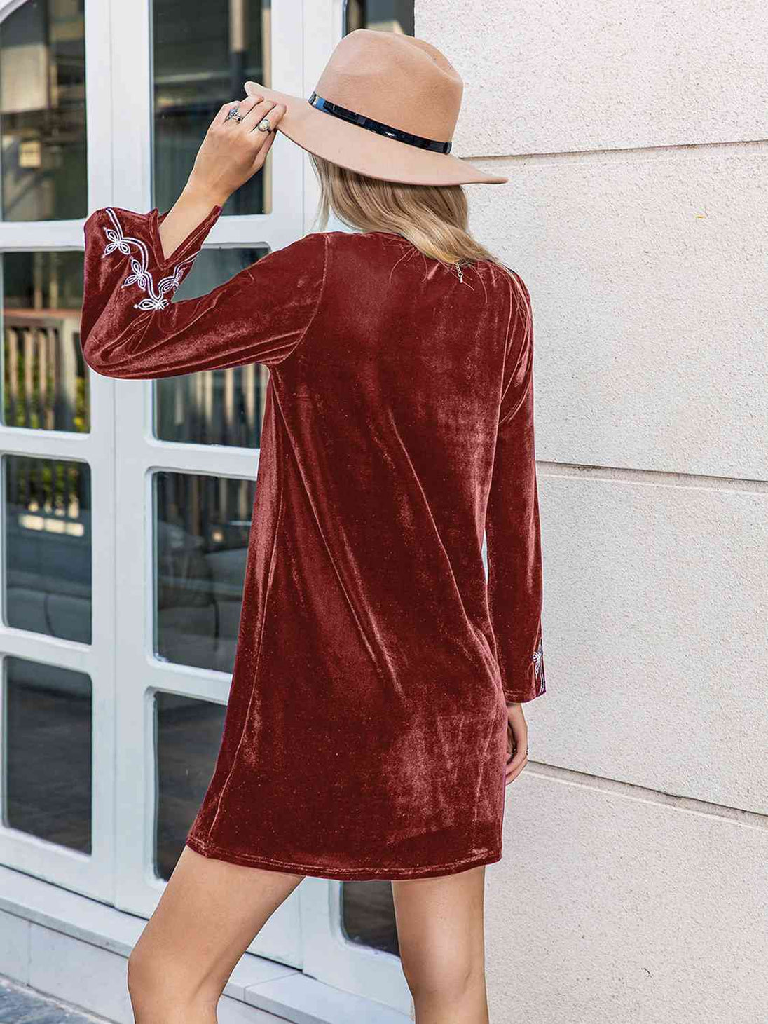 V-Neck Long Sleeve Mini Dress -BazaarBey - www.shopbazaarbey.com