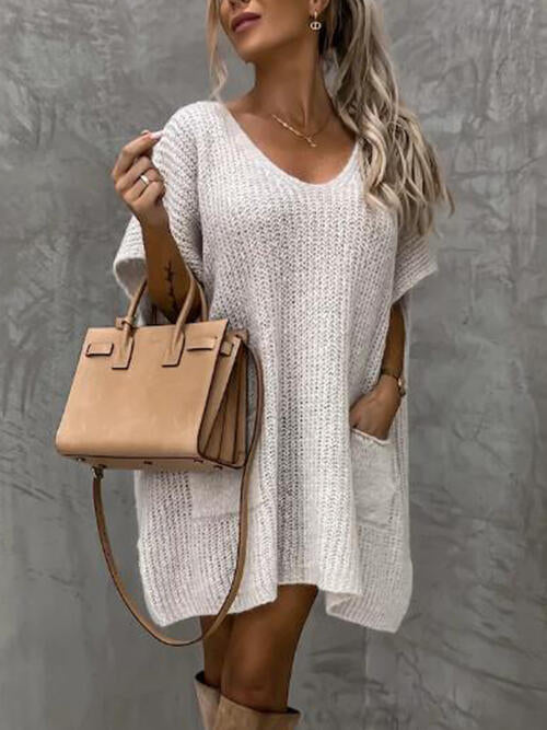 V-Neck Short Sleeve Sweater with Pockets Bazaarbey